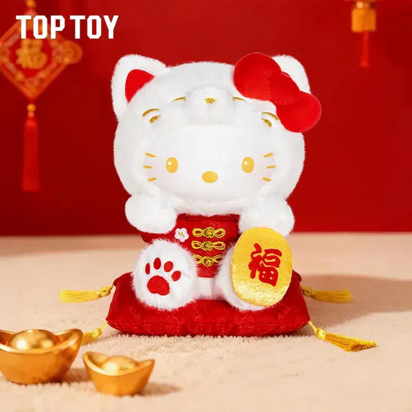 Hello Kitty Lucky Cat Series Plush Figure in red-gold attire, holding a good fortune plaque, seated on a cushion with ingot decorations.