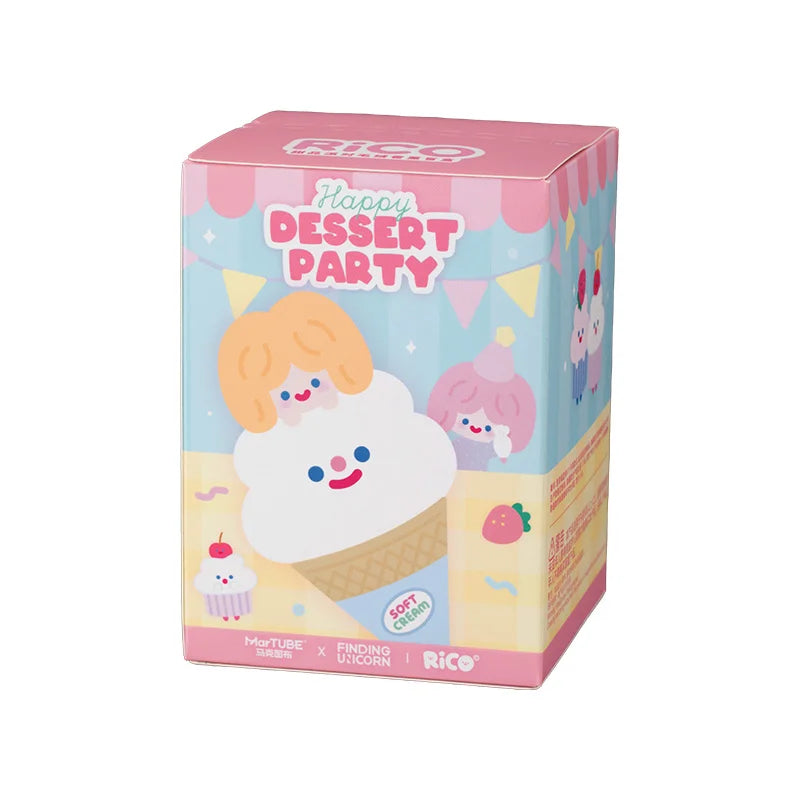 FINDING UNICORN RiCO Dessert Party Plush Aromatherapy Blind Box featuring a smiling ice-cream character on pastel packaging with 6 designs and 1 secret option.