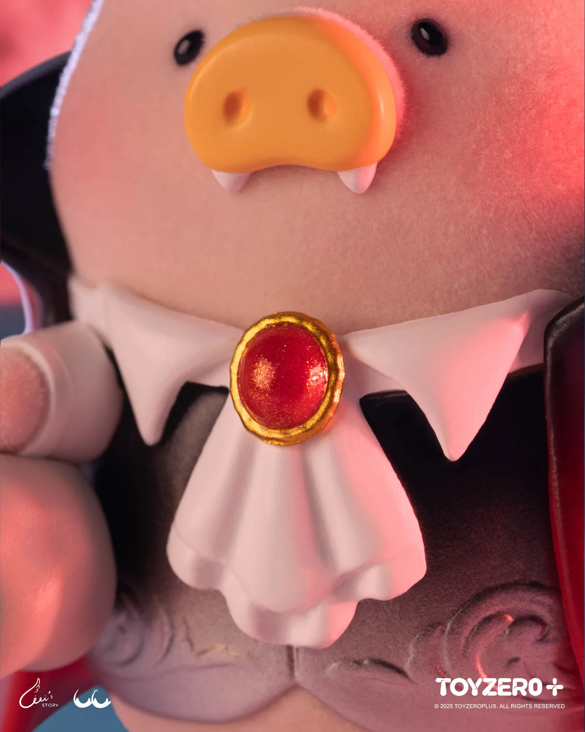 LuLu The Piggy - Surprise can 2 (Terror Castle) - Preorder: A vampire pig toy with fangs, black cloak, ruffled cravat, and red-gem brooch.