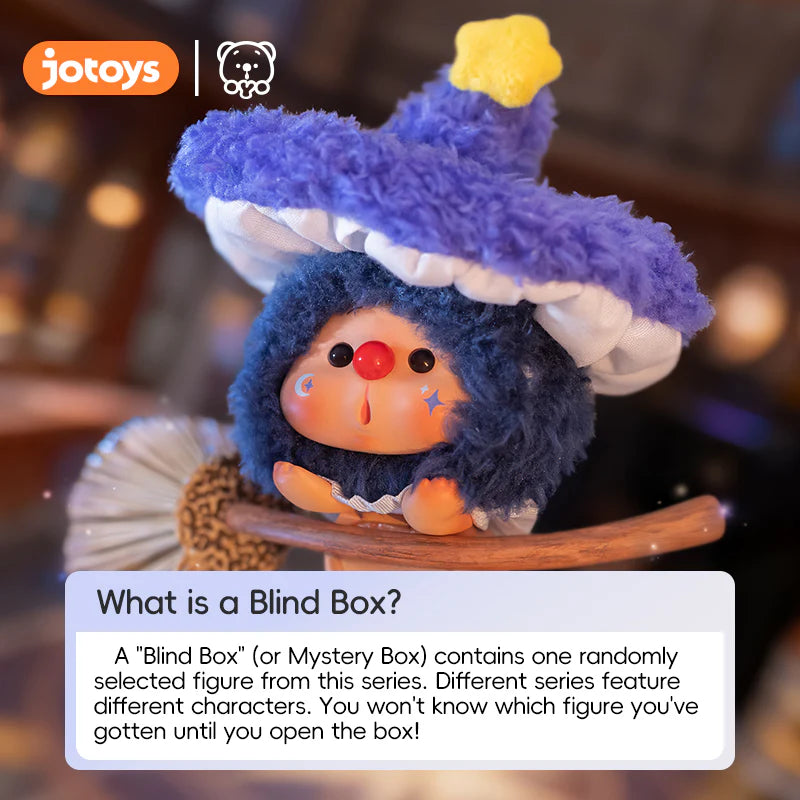 OYO Constellation Story Hipper Series Mini Blind Box with a collectible figure in a fluffy hood and star-topped hat on a broomstick.