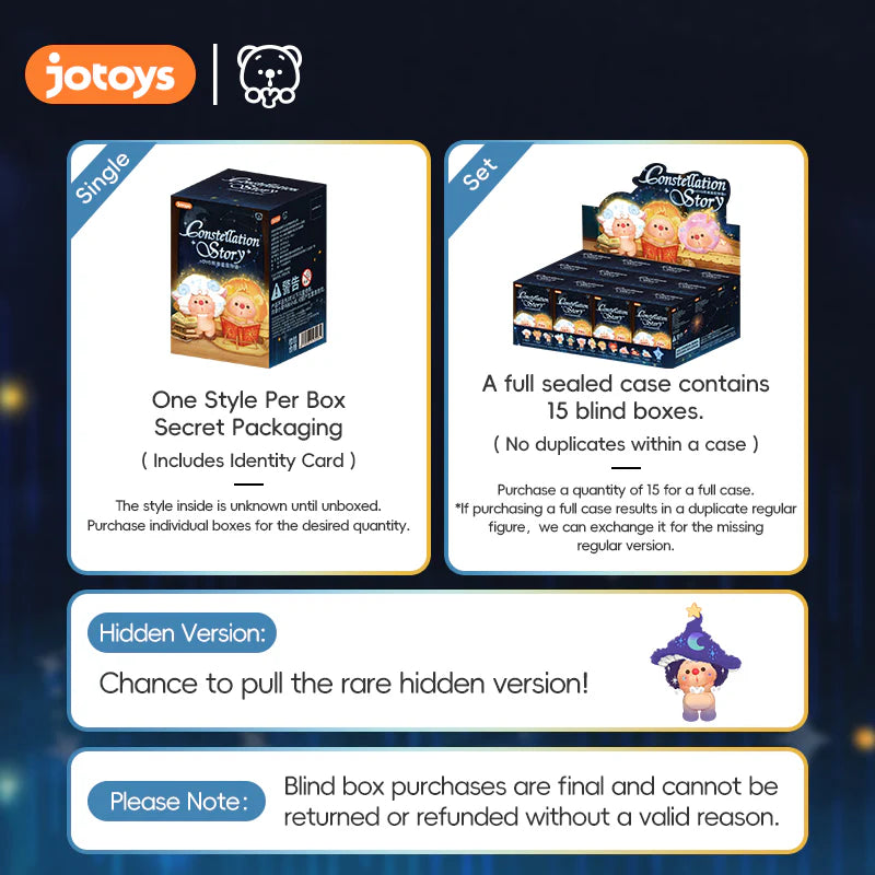 Jotoys' Constellation Story blind-box series offers random character figures with identity cards, including a rare hidden version. Available as single boxes or full 15-box cases.
