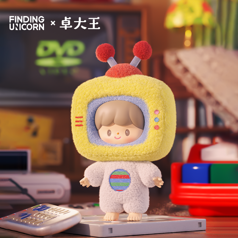 zZoton Happy Childhood Series PVC Plush Blind Box featuring close-up details of a remote control, stuffed animal, and toy foot, available for preorder.