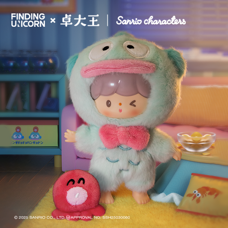 Zzoton x Sanrio Love League Buddies Vinyl Plush Blind Box Keychain featuring a red stuffed toy in a garment, part of a collectible series.