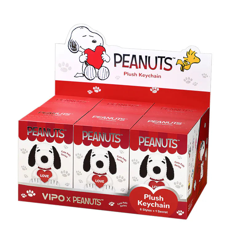 VIPO x Peanuts Snoopy Cute Pals Series Blind Box - Plush Keychain display featuring 6 known styles and a mystery design, available for preorder.