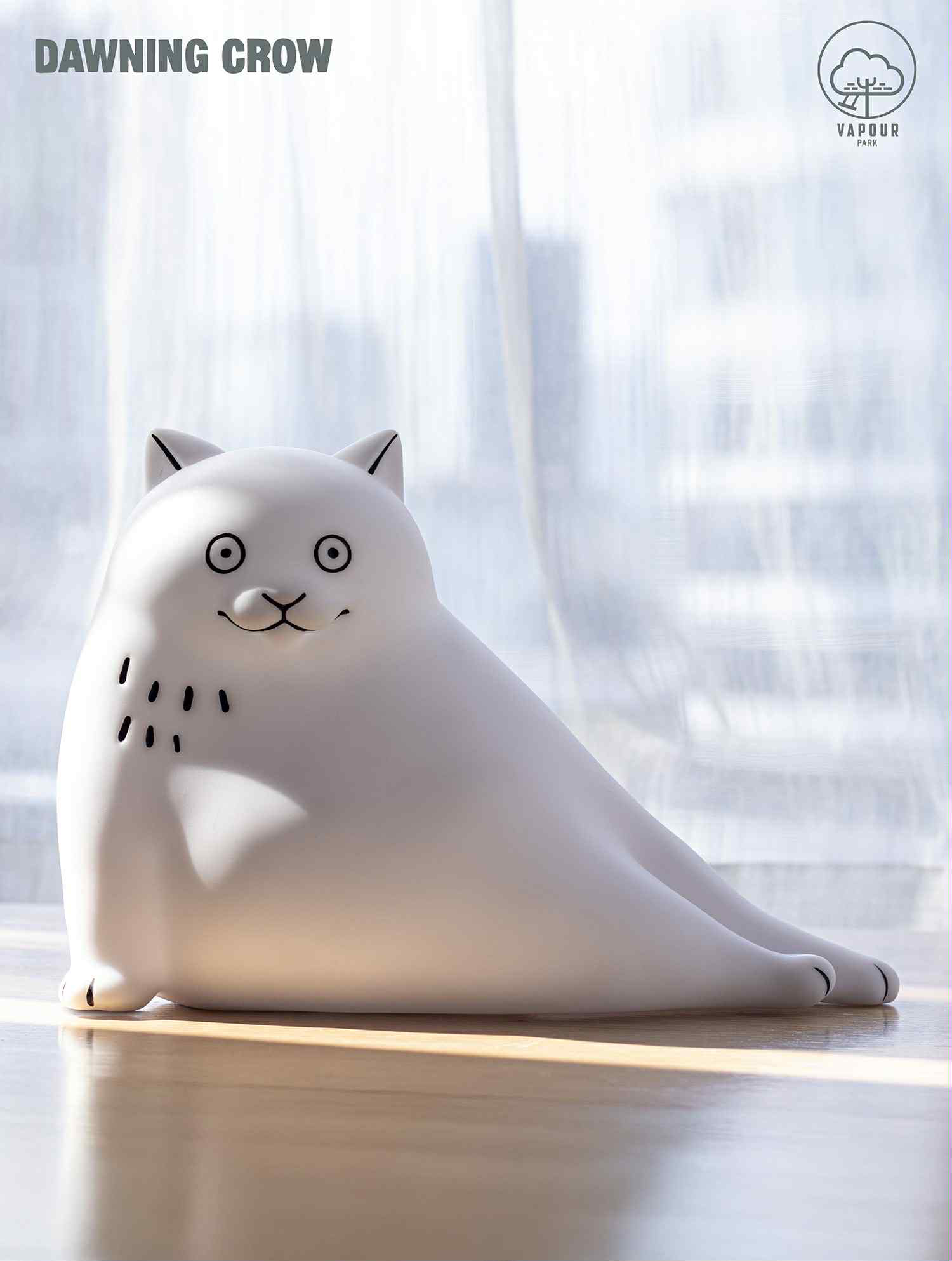 THE BIG WHITE CAT with LAMP by DAWNING CROW - Preorder: A sleek, minimalistic 17cm PVC cat sculpture, perfect for modern art enthusiasts, displayed on a wooden floor.