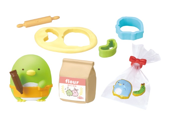 Sumikkogurashi Sweets Cooking Together Re-ment Blind Box Series featuring a penguin character with baking tools, including a rolling pin, flour, and cookie molds.