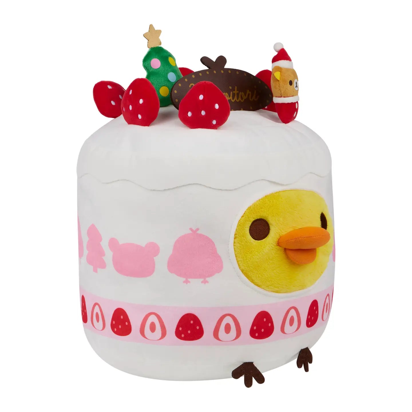 Kii Holiday Cake Plush: Christmas-themed, cake-shaped stuffed toy featuring Rilakkuma, Kiiroitori face, plush strawberries, tree, and chocolate plate. Perfect for kids.
