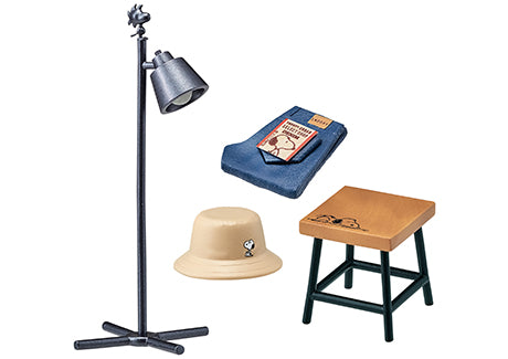 SNOOPY URBAN SELECT SHOP Re-ment Blind Box Series featuring a hat with Snoopy, book, lamp, and stool. Collect all 8 designs.
