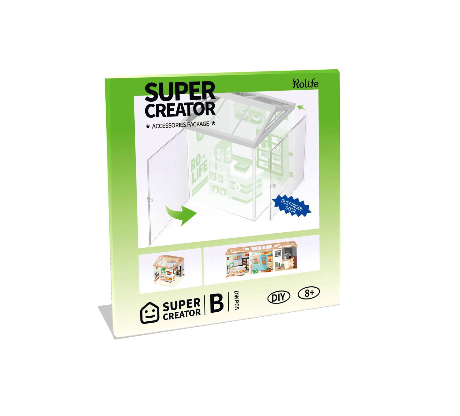 Diy Miniature House DWP05 Dust-Proof Door B - Preorder box with toy greenhouse and store illustrations.