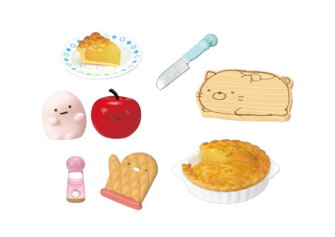 Sumikkogurashi Sweets Cooking Together Re-ment Blind Box Series featuring kawaii-style mini toys: fruit pie, knife, bear board, oven mitt, jam, bun, apple erasers.