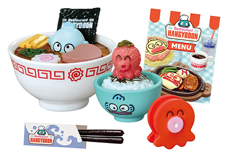 Family Restaurant Hangyodon Re-ment Blind Box Series: Miniature toy set featuring ramen bowl, rice bowl, octopus figure, menu card, and chopsticks, all scaled for collectible play.