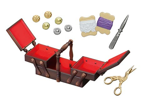 Grandma's Sewing Room Re-ment Blind Box Series features a wooden sewing box with compartments, embroidery scissors, lace trims, and decorative buttons.