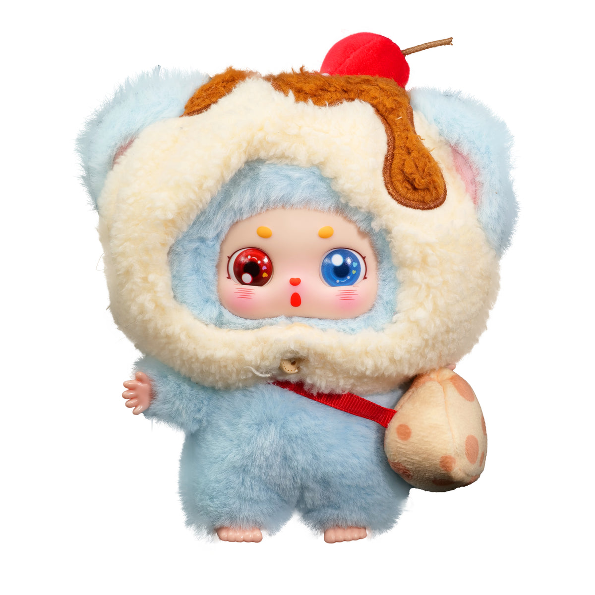 Baby Three - Little Fatty plush with blue body, cream hood, heterochromatic eyes, and cherry topping, carrying a polka-dot bag. Preorder for Oct 2025 shipment.