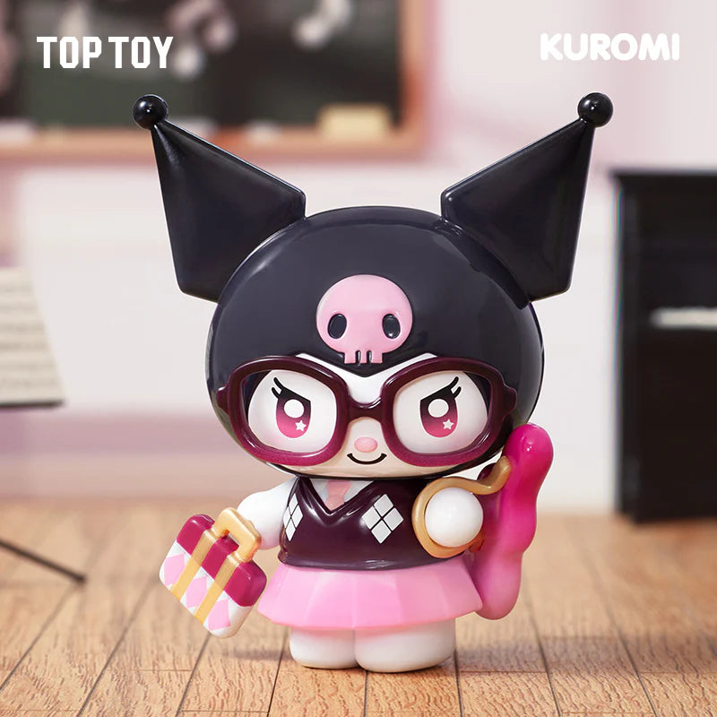 Kuromi Sparking Idol Series Blind Box figure with jester hat, glasses, sweater-vest, holding a gift box and pink accessory. Preorder available, surprise collectible.