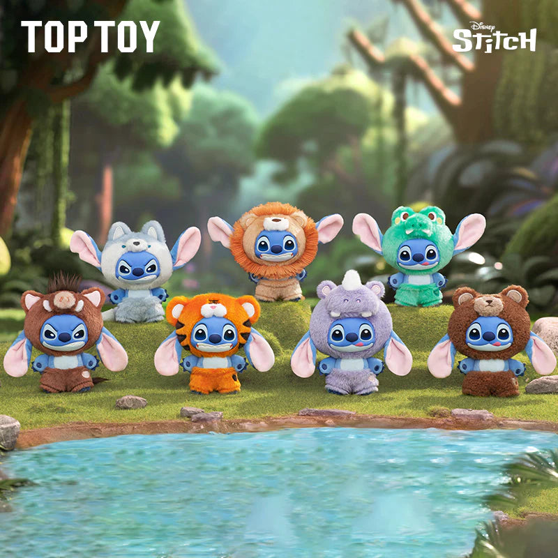 Stitch Wild Animal Series Plush Blind Box featuring seven Stitch figures in animal costumes, set on a grassy bank; preorder now for Q4 2025 shipment.