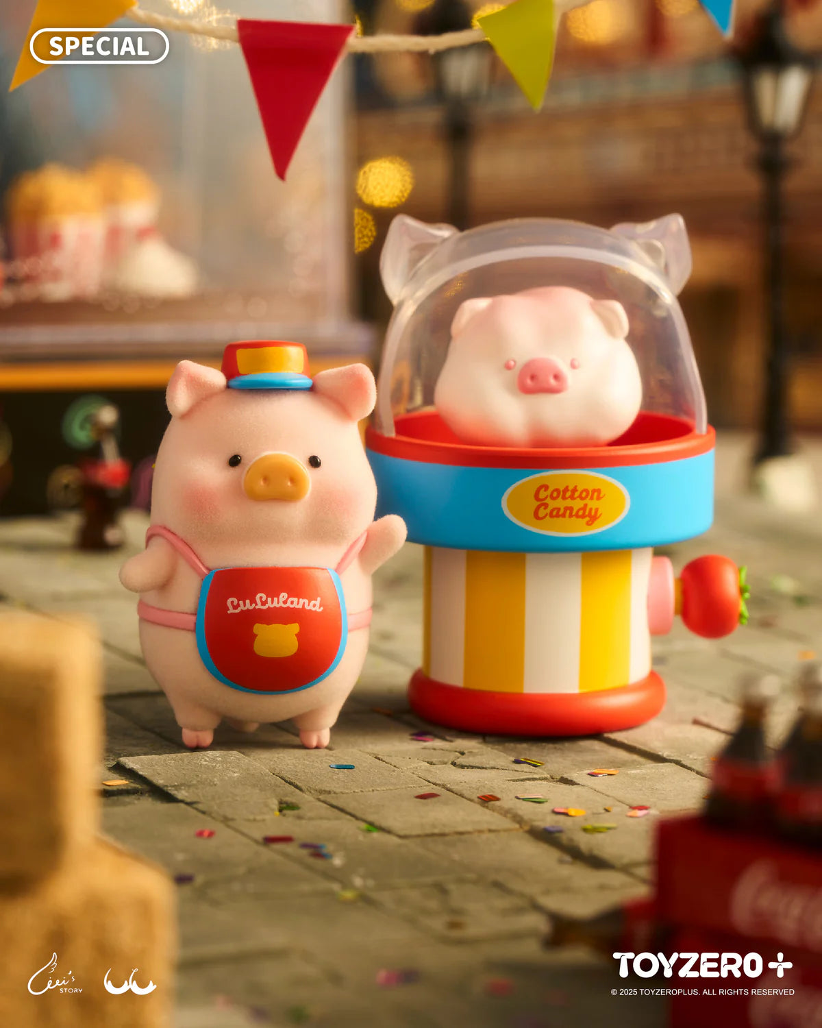 LuLu the Piggy - LuLuLand Series Blind Box features a pig figurine with cotton-candy cart, celebrating whimsical adventures in a vibrant fair-themed setting.