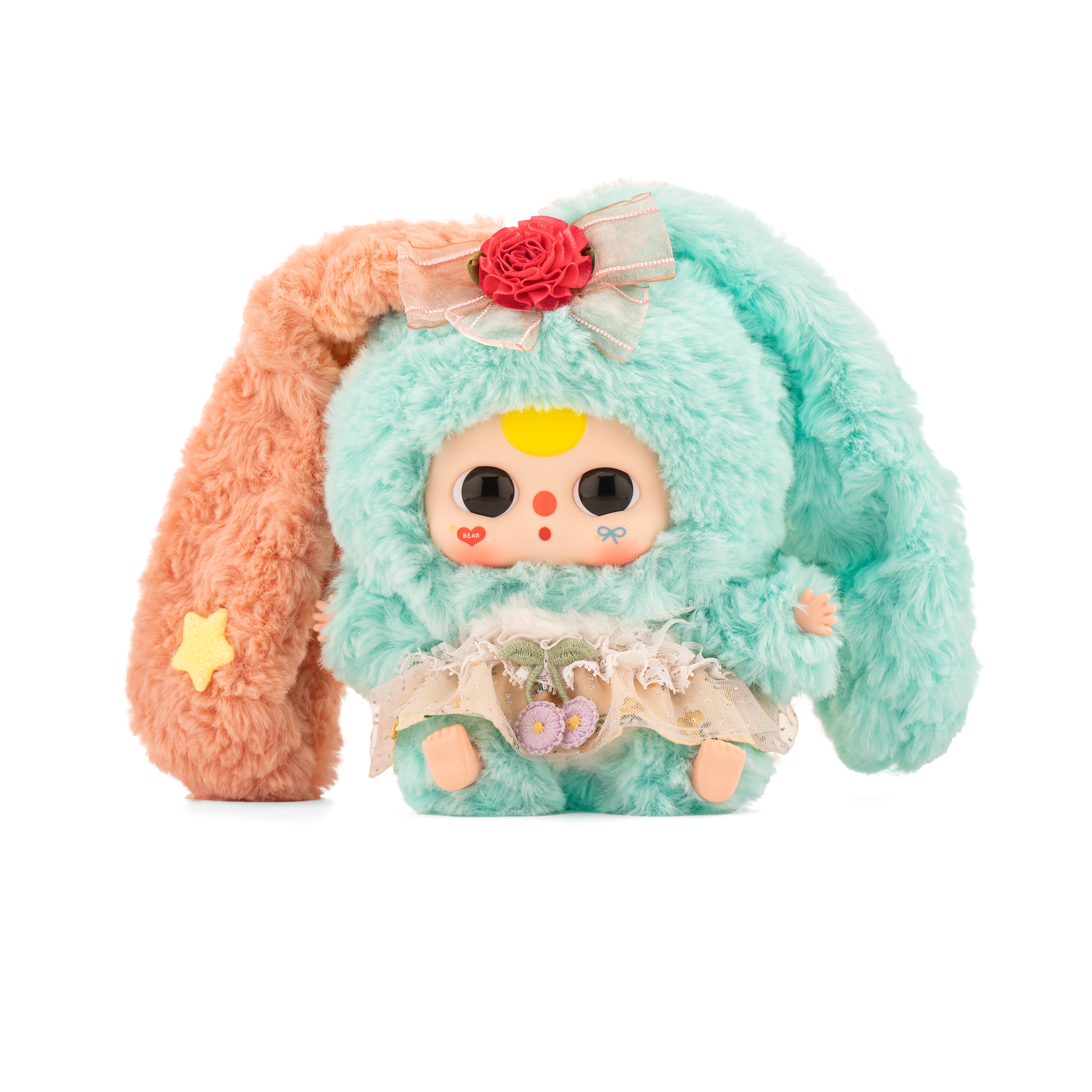 Baby Three - Lily Rabbit Town 4: Whimsical plush with vinyl face, mint-green onesie, bunny ears, ribbon bow, and lacy tulle skirt. Preorder from Strangecat Toys.