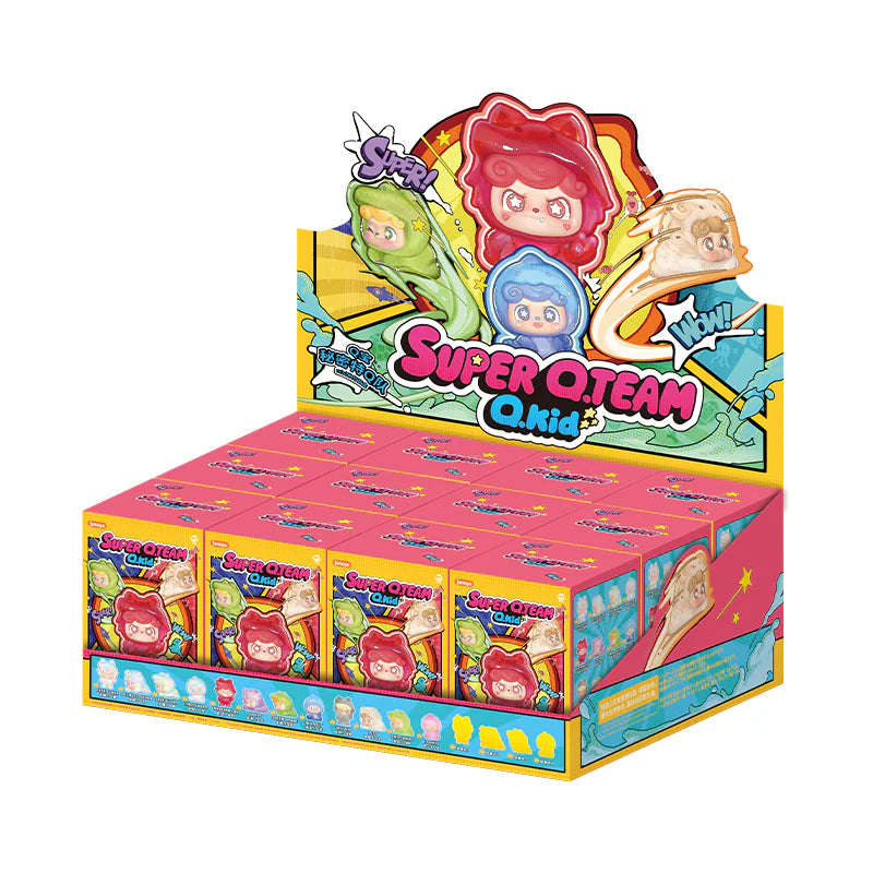 Q. Kid Super Q. Team Mini Series toy display featuring cartoon character figures, part of a blind box collection with 12 regular designs and 4 secret figures.