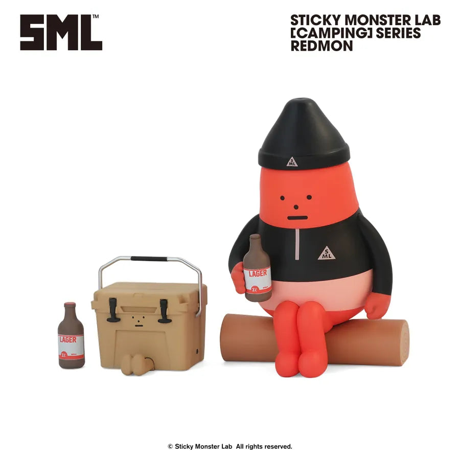 Sticky Monster Lab - SML MINI FIGURE BLIND BOX Vol.4 [Camping] Series - Preorder: Redmon vinyl figure seated on log, wearing camp jacket, holding lager.