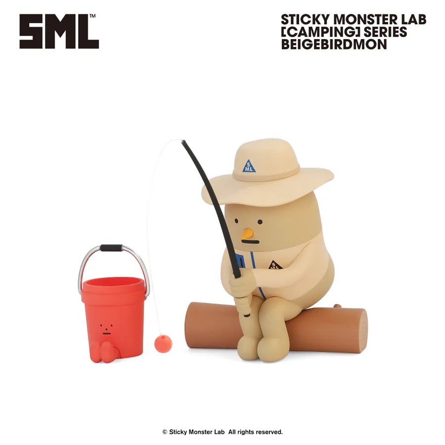 Sticky Monster Lab's BeigeBirdMon vinyl figure with safari hat, fishing rod, and red bucket, part of the SML MINI FIGURE BLIND BOX Vol.4 [Camping] Series - Preorder.
