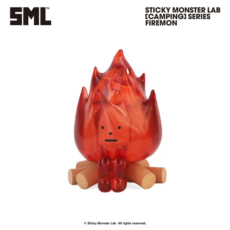 Sticky Monster Lab - SML MINI FIGURE BLIND BOX Vol.4 [Camping] Series - Preorder: Firemon translucent-red flame vinyl figure on log campfire base.