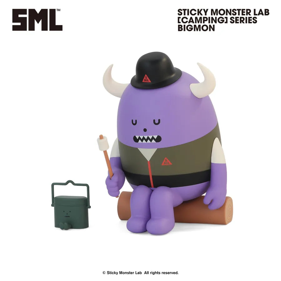 Sticky Monster Lab - SML MINI FIGURE BLIND BOX Vol.4 [Camping] Series - Preorder: Purple monster with hat, camping vest, roasting marshmallow, and camp kettle on a log.