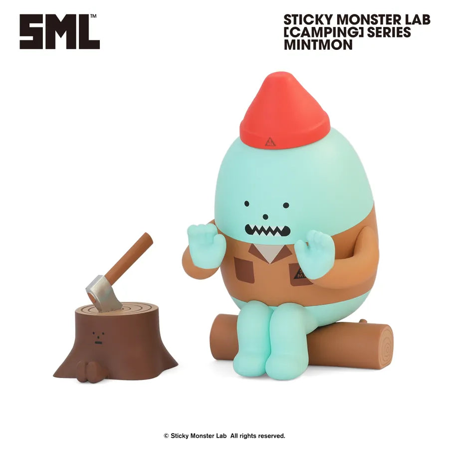 Sticky Monster Lab - SML MINI FIGURE BLIND BOX Vol.4 [Camping] Series - Preorder: Mintmon figure on a log with tree-stump companion and axe.