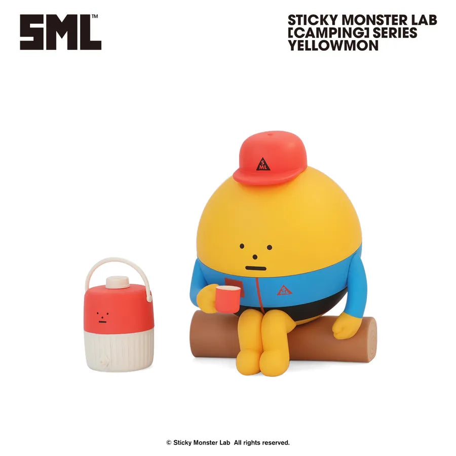 Sticky Monster Lab - SML MINI FIGURE BLIND BOX Vol.4 [Camping] Series - Preorder: Yellowmon figure with red cap, blue jacket, holding mug, seated on log with cooler.