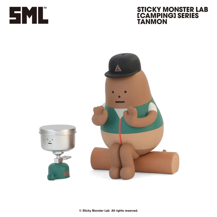 Sticky Monster Lab - SML MINI FIGURE BLIND BOX Vol.4 [Camping] Series - Preorder: Tanmon figure on a log with camping stove, promotional display.