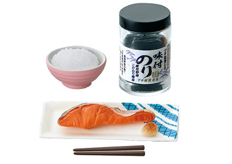 Puchi Sample Light Today's Breakfast Re-ment Blind Box Series featuring a close-up of food items, a jar, and a bowl of powder.