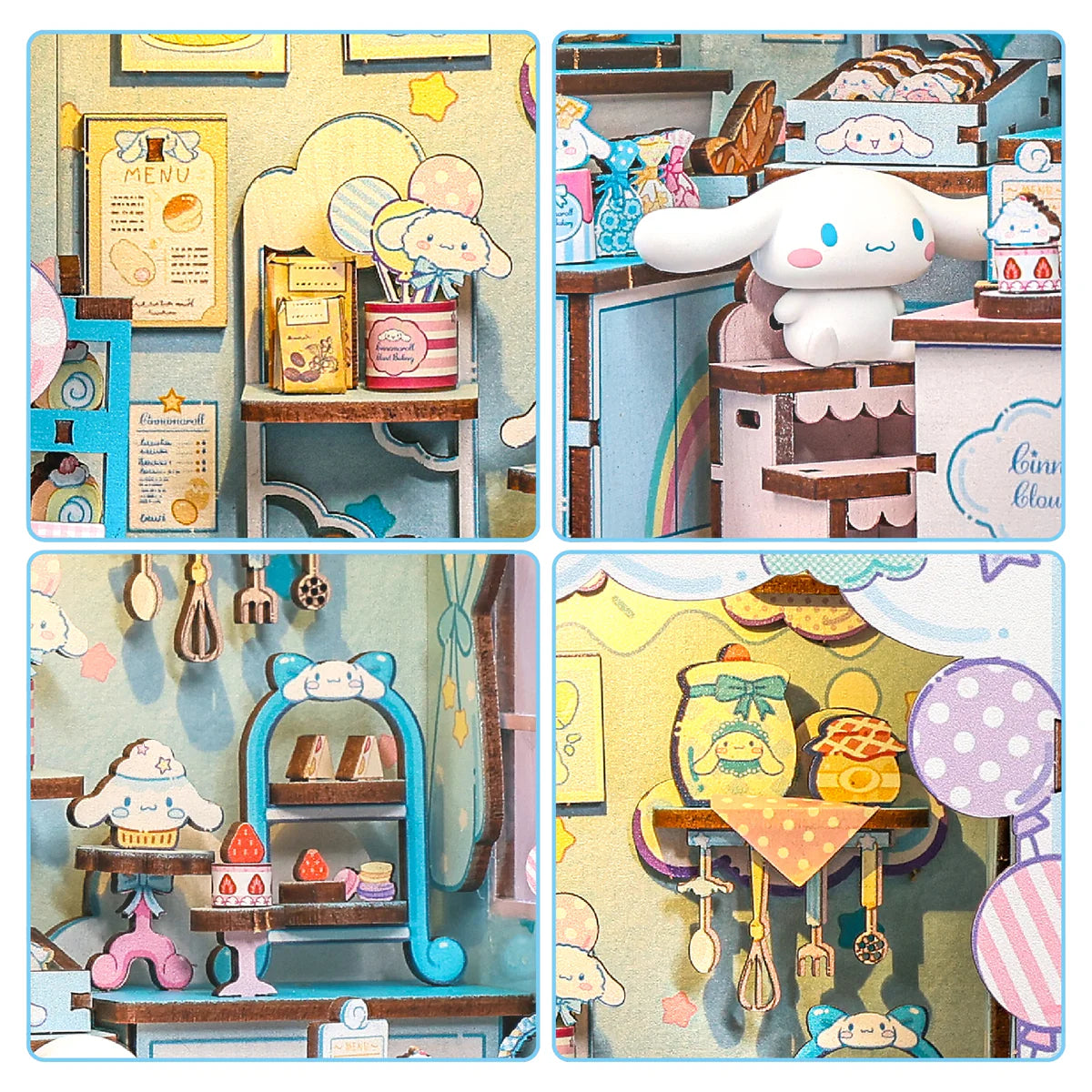Cinnamoroll Cloud Bakery diorama featuring a mini café scene with a Cinnamoroll figure, desserts, and bakery décor in a pastel-themed setting.