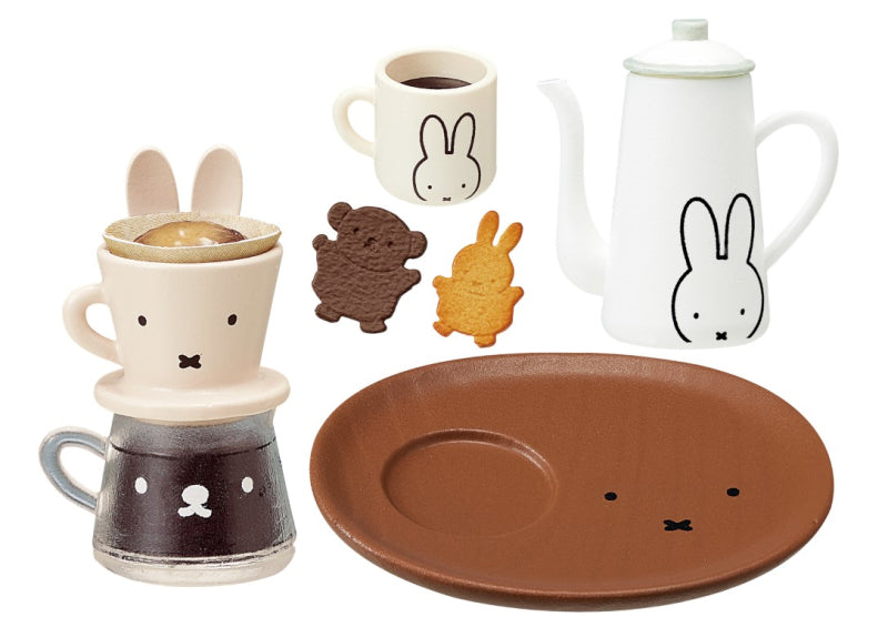 Miffy Natural Kitchen Re-ment Blind Box Series: Ceramic Miffy-themed dripper, carafe, mug, teapot, saucer, and cookies featuring Miffy and bear motifs.