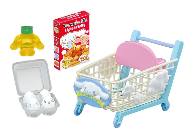 Cinnamoroll Market Re-ment Blind Box Series features a Sanrio playset with a shopping cart, pancake mix, toy eggs, and a Pom Pom Purin bottle.