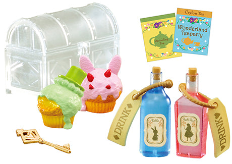 Wonderland Tea Party Mysterious Country Tea Party Re-ment Blind Box Series featuring toys, a blue bottle, cupcake, and more from Strangecat Toys.