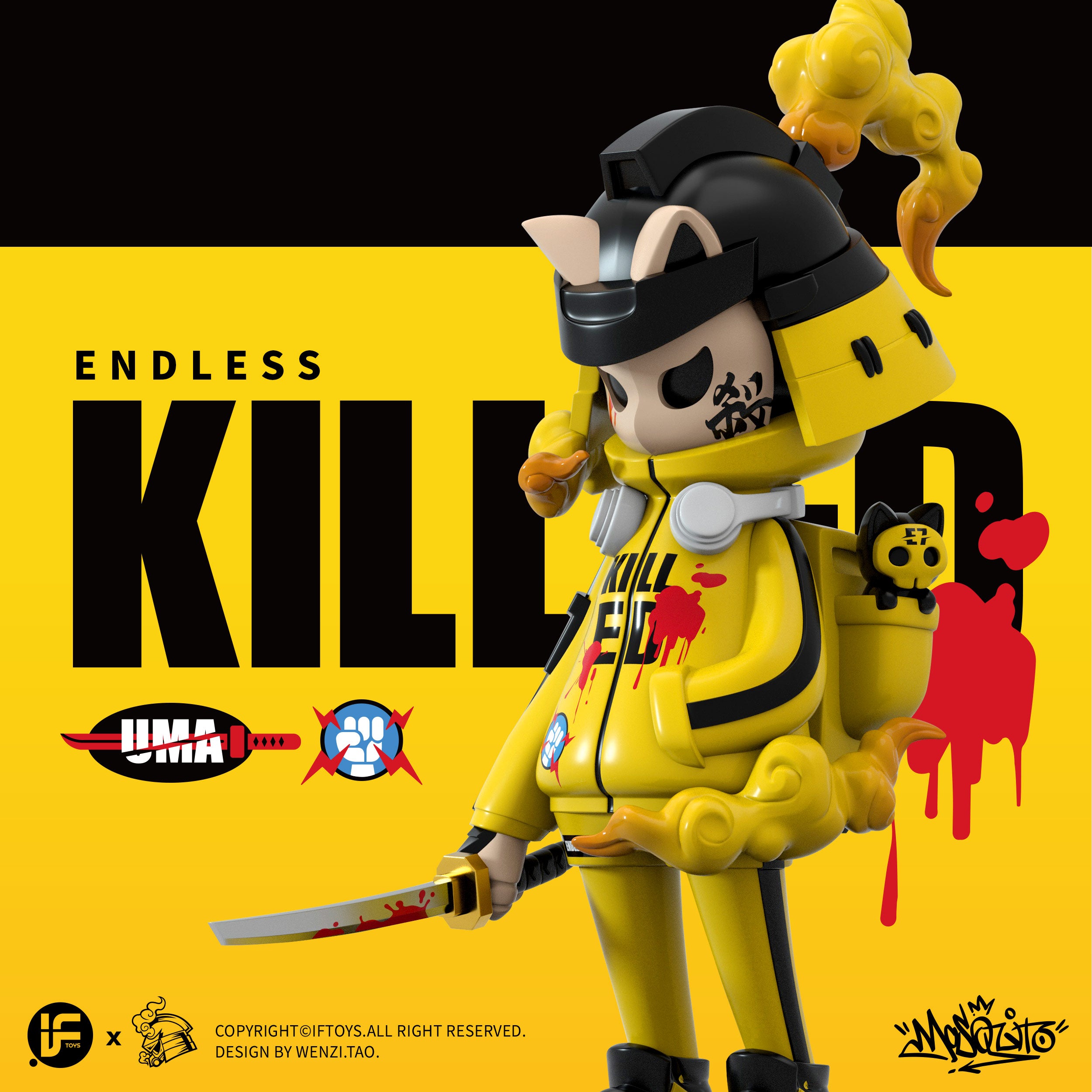 FTOYS 2023 ENDLESS SERIES - KILLER E7 toy figure with sword, yellow sculpture, and logo, fist in circle, black graffiti, and more.
