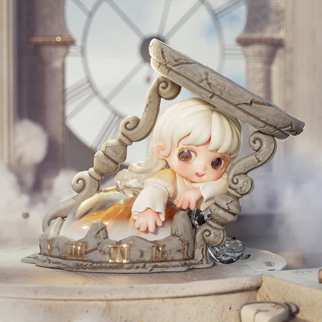 Miana The Sleeping Castle Series Blind Box features a chibi girl in a whimsical 3D scene with a broken hourglass and classical clock backdrop.