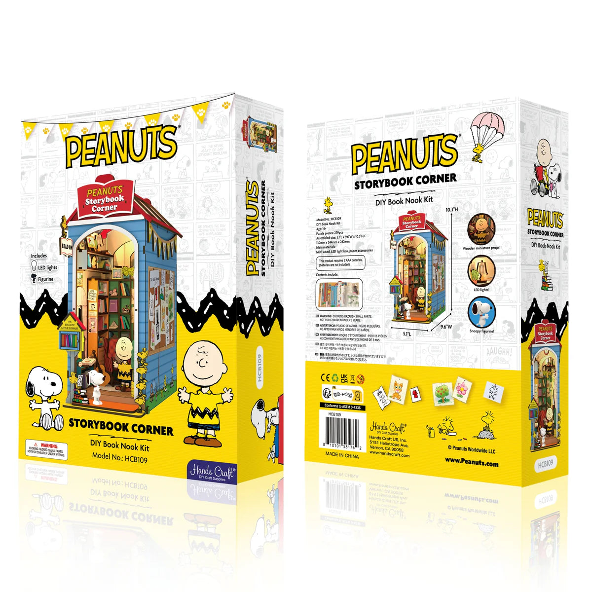 Peanuts Storybook Corner Booknook DIY kit packaging showcasing completed diorama, LED lights, Snoopy figurine, 279 pieces, and dimensions. Assembly requires 2 AAA batteries, not included.