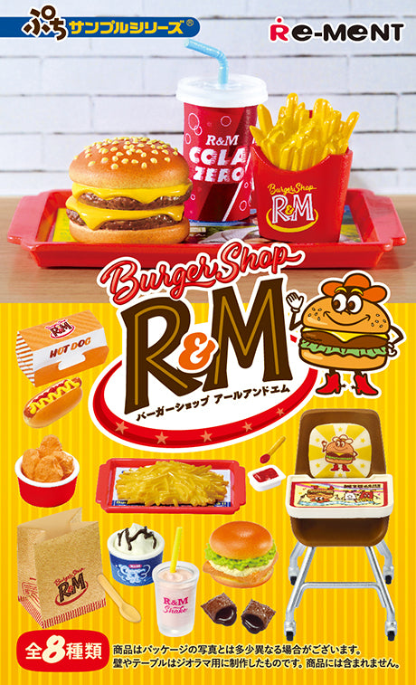 Burger Shop R&M Re-ment Blind Box Series featuring a cheeseburger, chicken nuggets, fries, and a drink, representing one of the eight collectible designs.