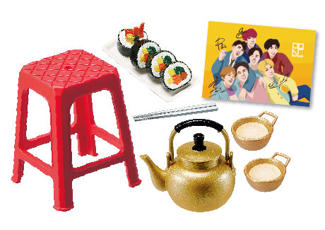 Neon and Romance: A Night at Korean Food Stalls Re-ment Blind Box Series featuring a stool, kimbap, teapot with cups, and pop group postcard.