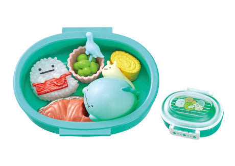 Sumikko Bento Re-ment Blind Box Series featuring kawaii-style food figurines, including onigiri, shrimp-nigiri, and tamagoyaki characters in a turquoise bento box.