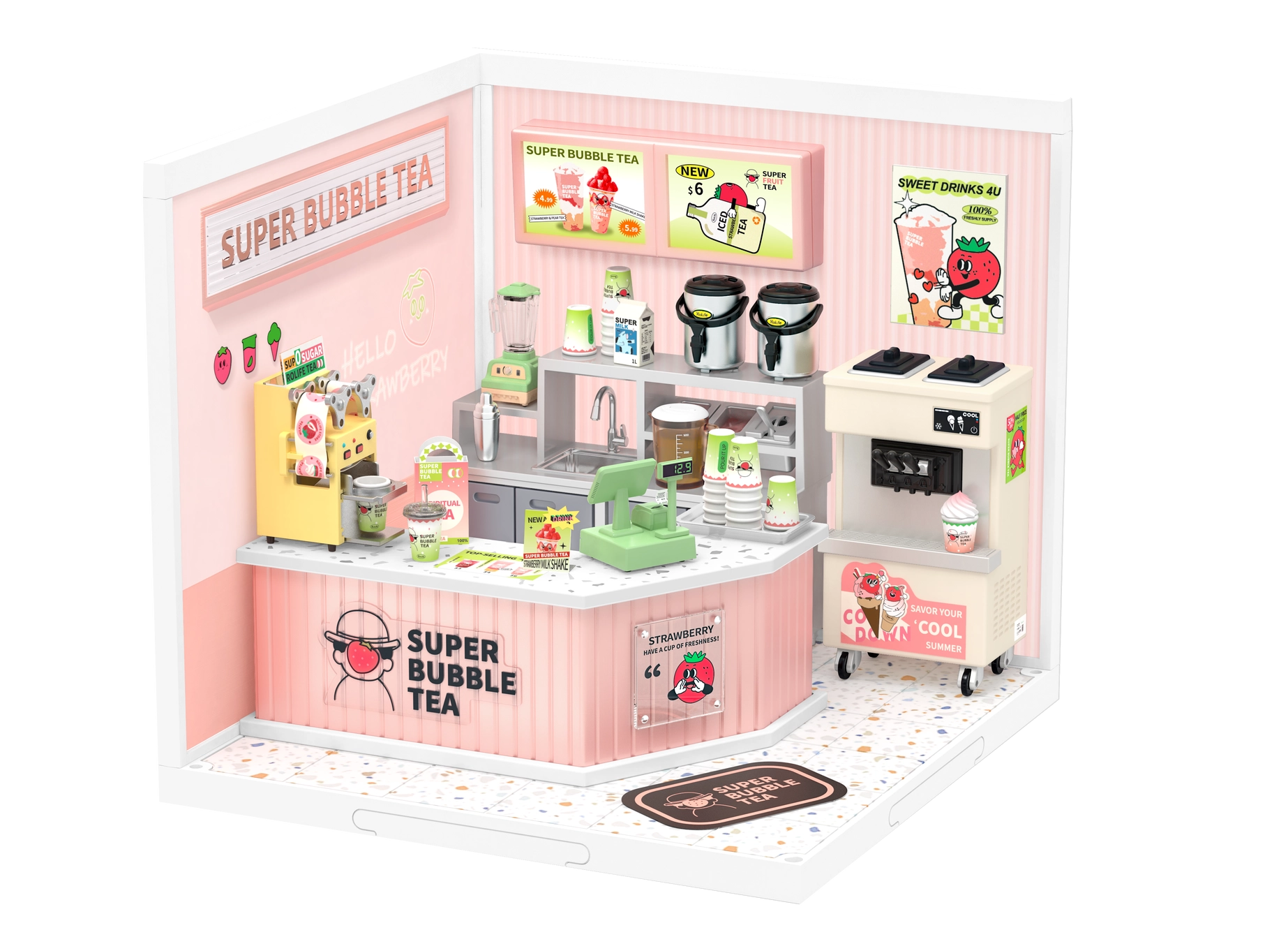 A miniature bubble tea store playset with various furniture and accessories, including a workbench, cabinets, ice cream machine, packaging machine, and cashier desk.