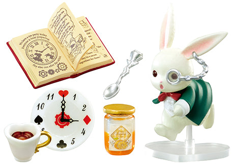 Wonderland Tea Party Mysterious Country Tea Party Re-ment Blind Box Series featuring a toy rabbit with a chain around its ears and whimsical accessories.