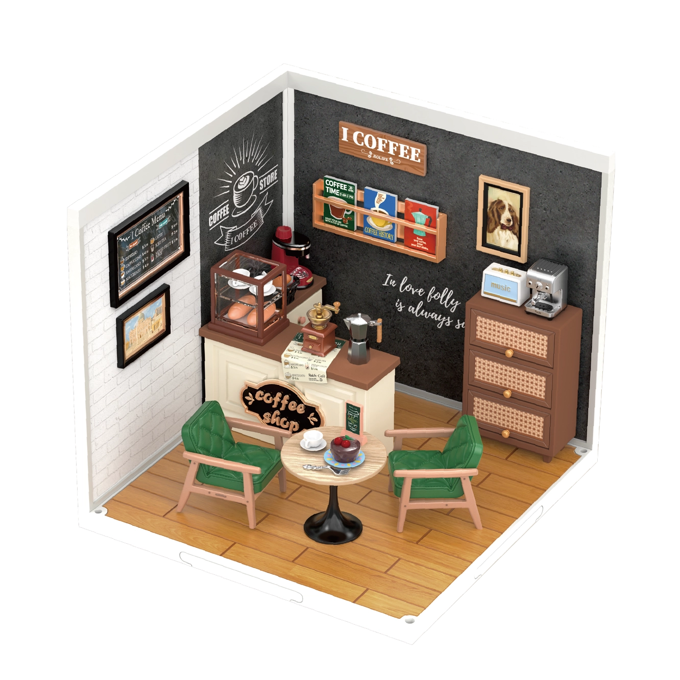 A coffee shop with a coffee machine, chairs, cake, and a painting of a dog.