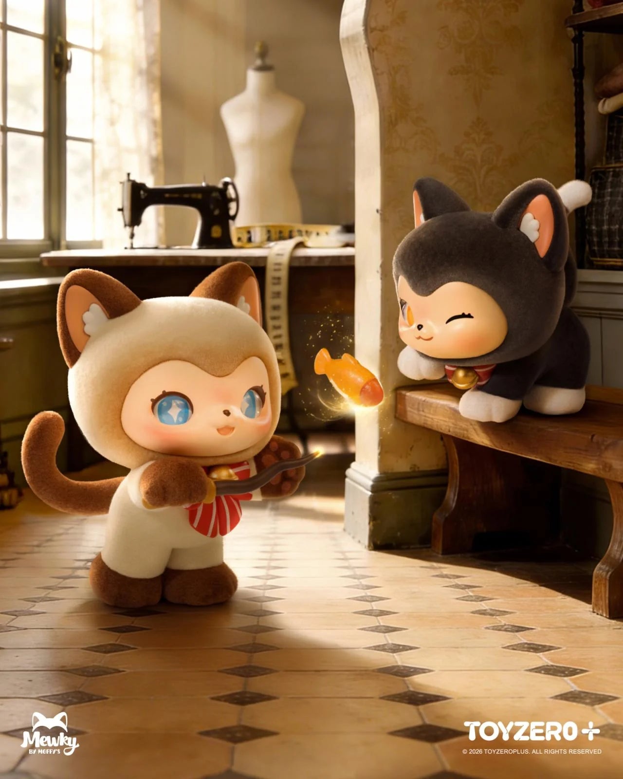 MOFFY'S Magic Tailoring Shop - The Magic Furry Mewky Blind Box featuring two cartoon cats, one launching a glowing fish, in a cozy workshop setting.