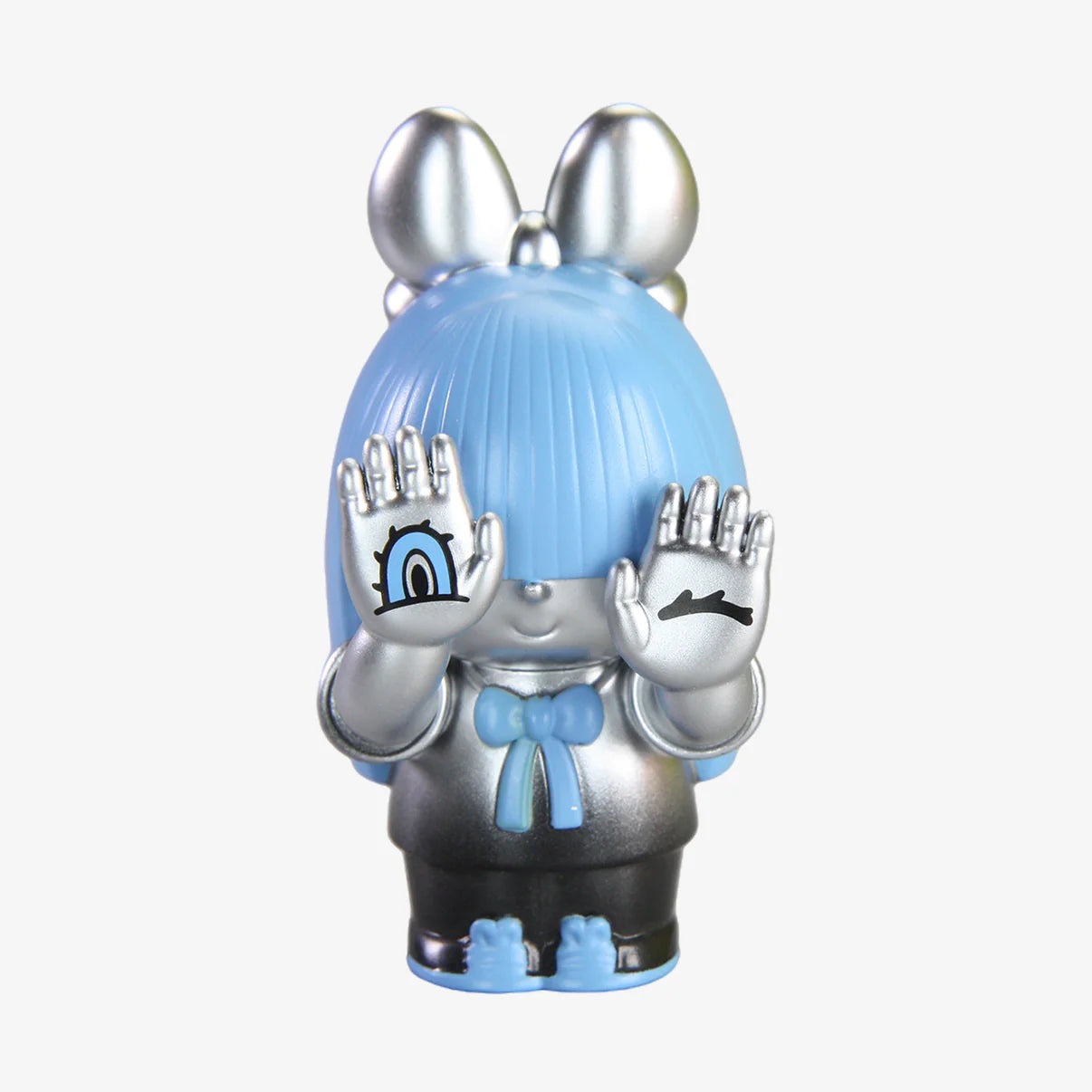 GRAPE BRAIN x ABAO BLINDBOX (SILVER AND BLUE) figurine, featuring metallic-looking plastic, pale blue hair, a bow, and decorative palms, part of a collectible series.