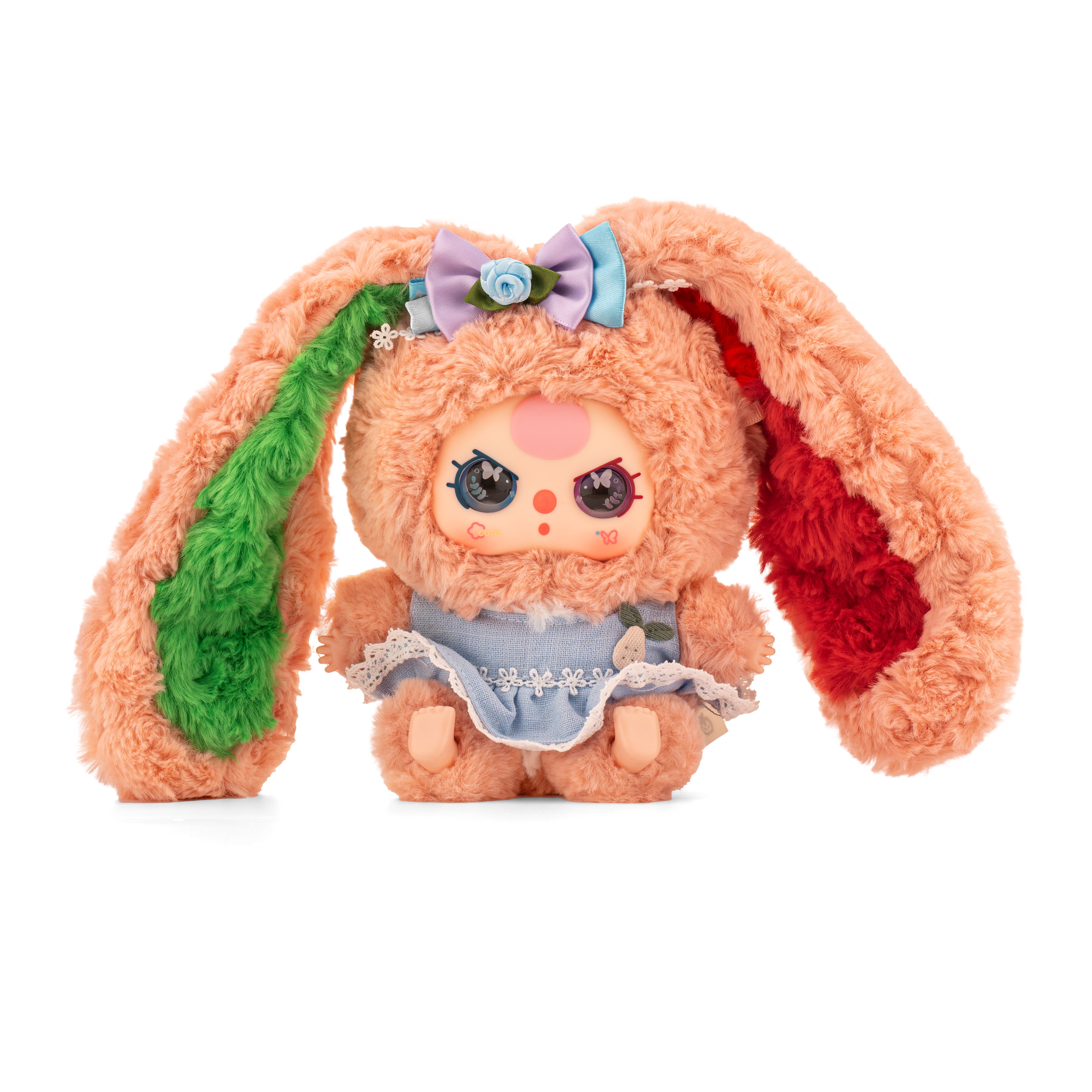 Baby Three - Lily Rabbit Town 4 plush: whimsical bunny-doll with peach fur, colorful ears, pastel headbow, lace-trimmed dress, and fruit applique. Collectible from Strangecat Toys.