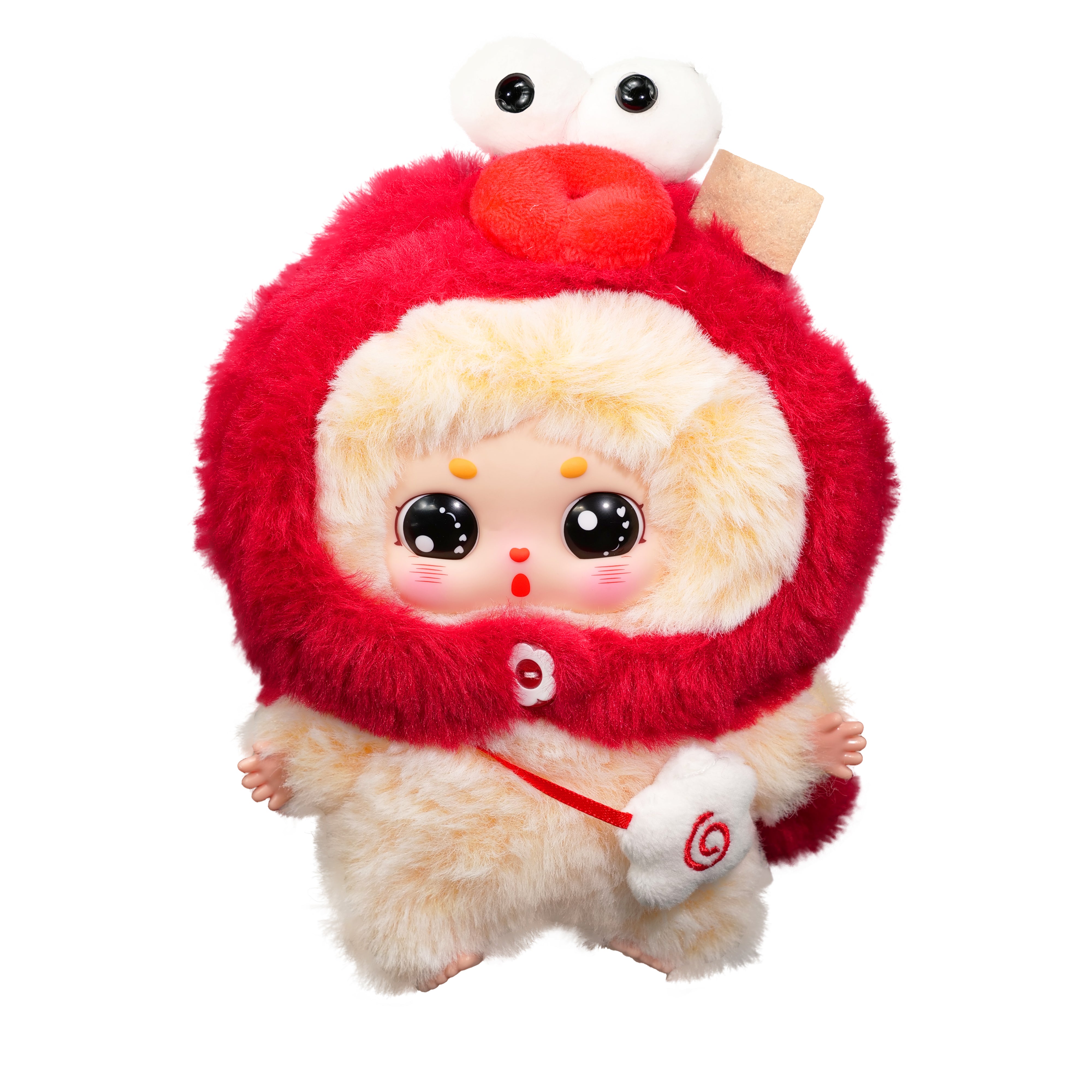 Baby Three - Little Fatty plush doll in red hood, cartoon eyes, rosy cheeks, carrying white bag. Part of a collectible, blind-box series.