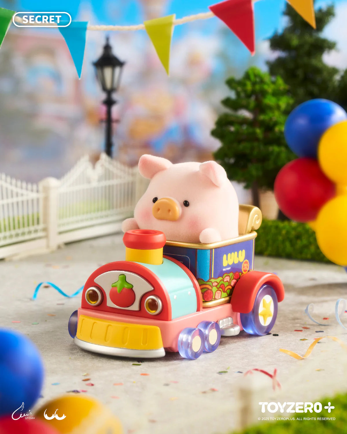 LuLu the Piggy rides a colorful train engine in the LuLuLand Series Blind Box, featuring a whimsical toy amusement park scene.