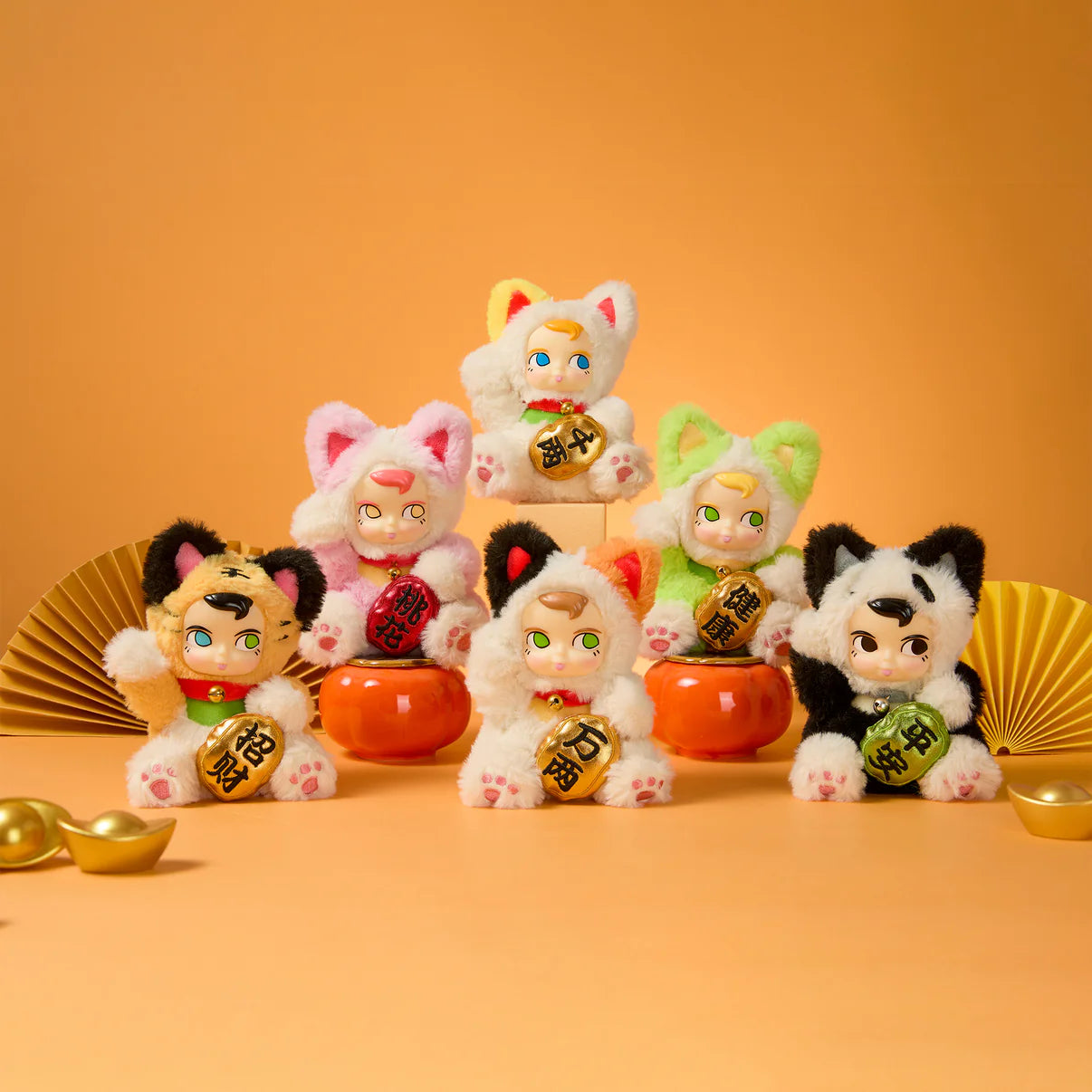 SAMSAM FORTUNE CAT PLUSH Blind Box featuring six plush figures in festive cat costumes, each holding a gold coin, displayed with Lunar New Year-themed decorations.