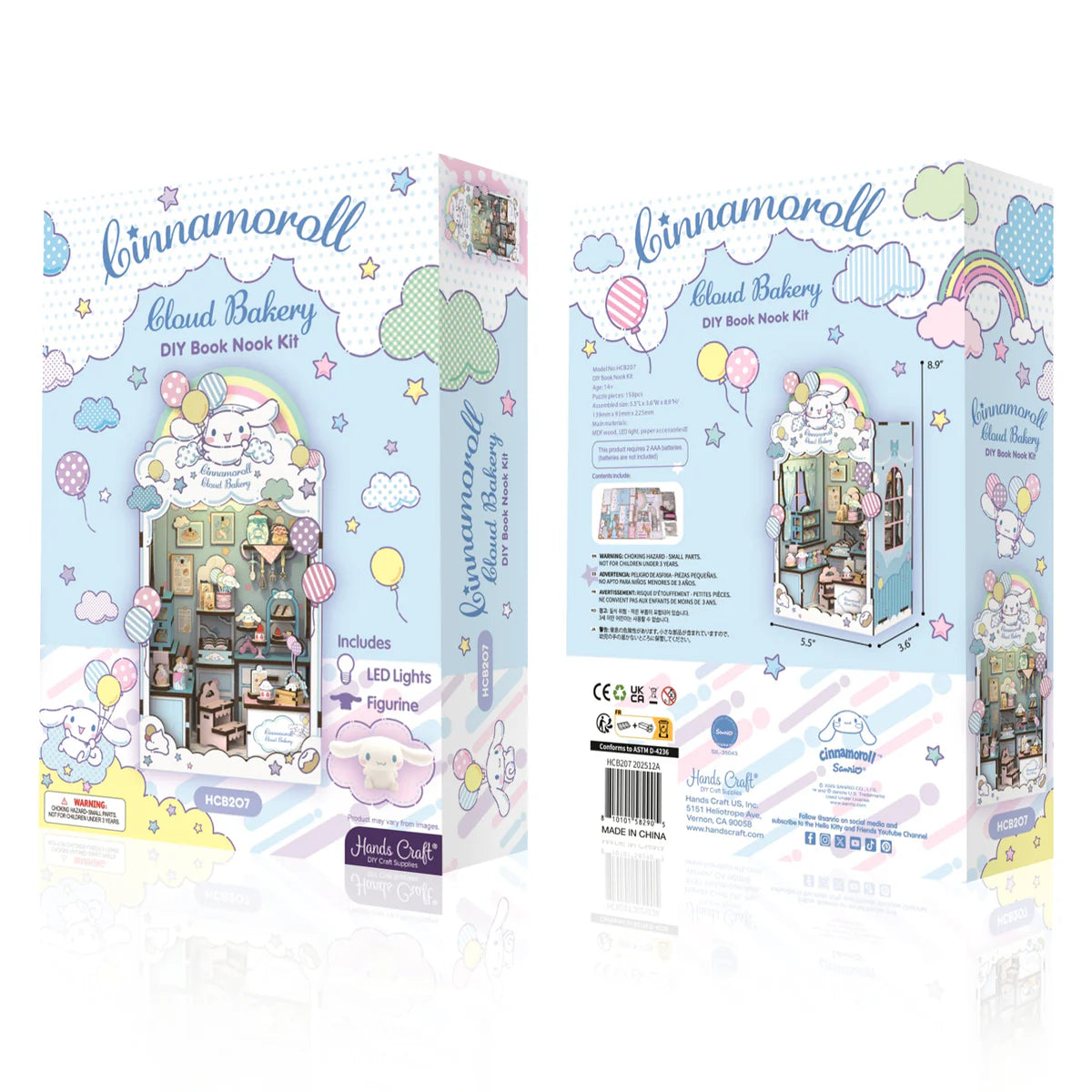 Cinnamoroll Cloud Bakery DIY Book Nook kit, featuring a miniature bakery scene with LED lights and a Cinnamoroll figurine. Assembly size: 8.9x5.5x3.6.